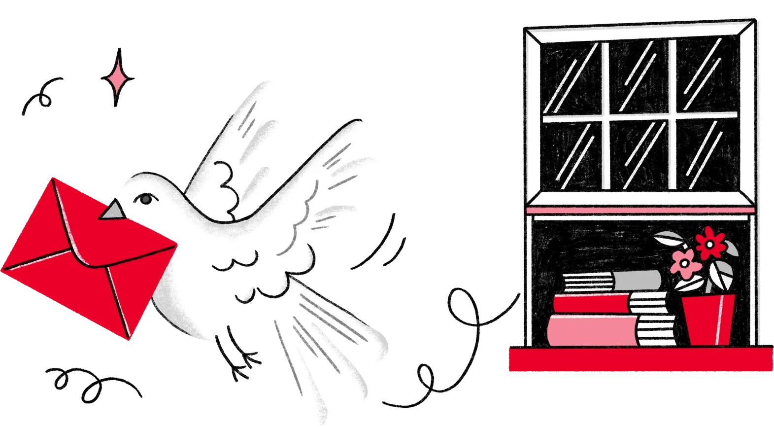 A dove carrying a red envelope towards a window full of books